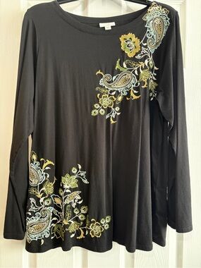 J. Jill Black Long-Sleeve Top with Green and Gold Paisley Embroidery